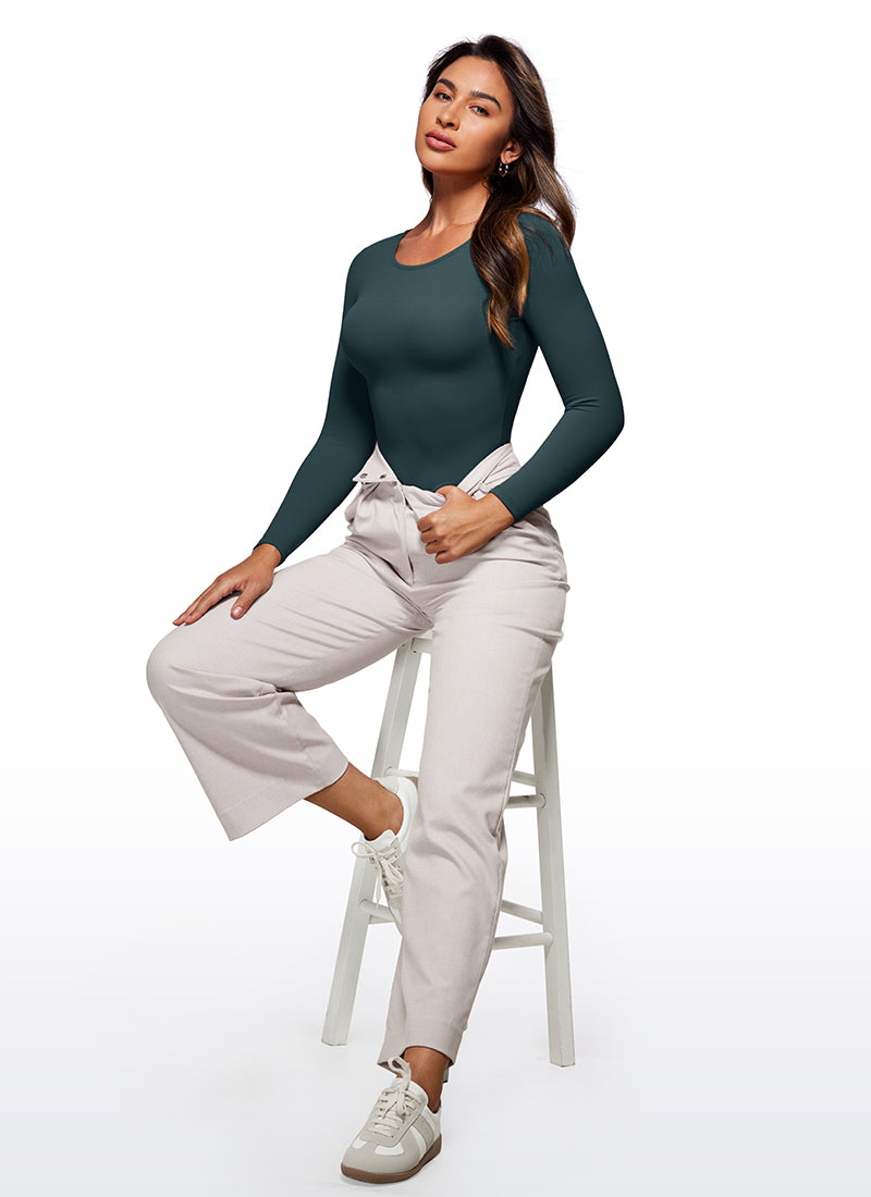 CRZ YOGA Women's Yoga Tight Fit Crew Neck Long Sleeves Bodysuits Forest Dark Green @model_info:Joy