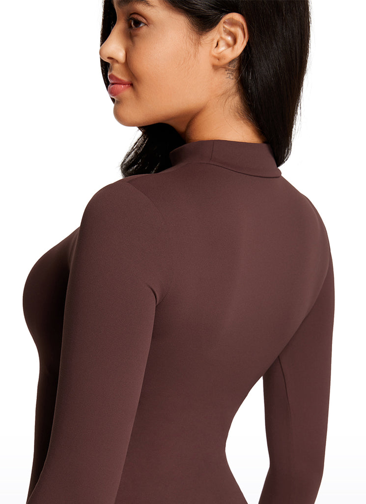 CRZ YOGA Women's Yoga Tight Fit Mock Turtleneck Long Sleeves Bodysuits Taupe