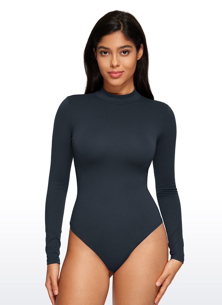 CRZ YOGA Women's Yoga Tight Fit Mock Turtleneck Long Sleeves Bodysuits True Navy