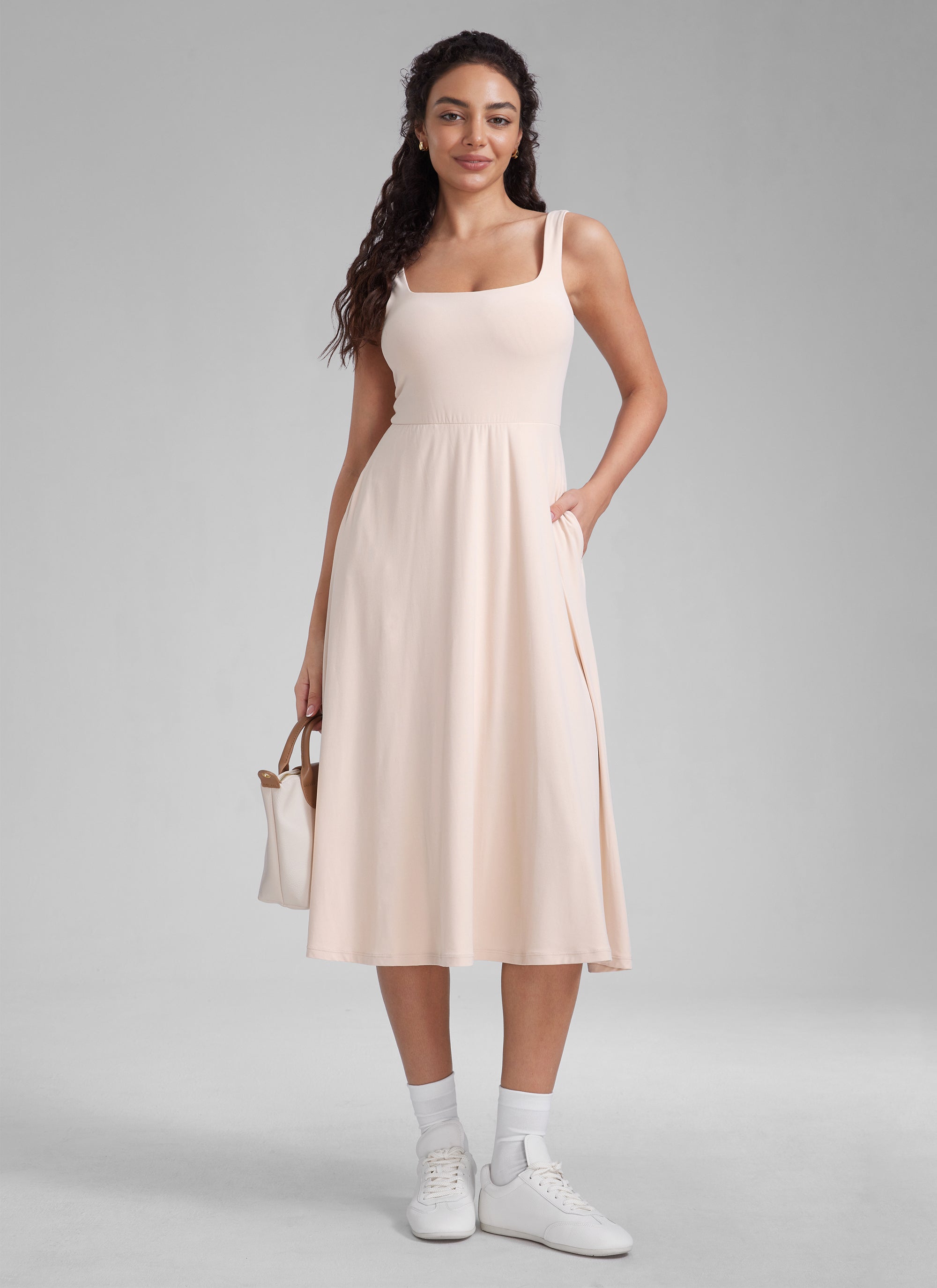 CRZ YOGA Womens Clouldweight Square Neck Pocket Sleeveless Midi Dress White Opal