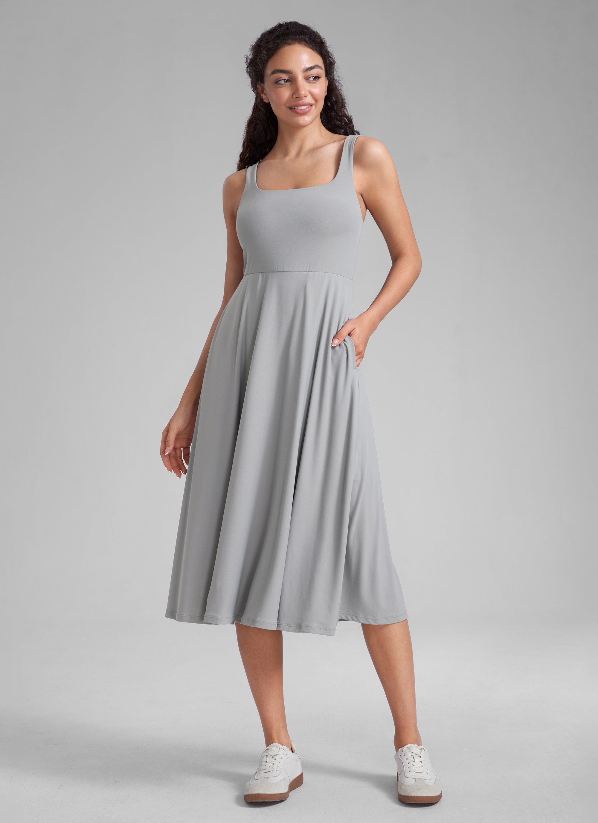 CRZ YOGA Womens Clouldweight Square Neck Pocket Sleeveless Midi Dress Silver Gray