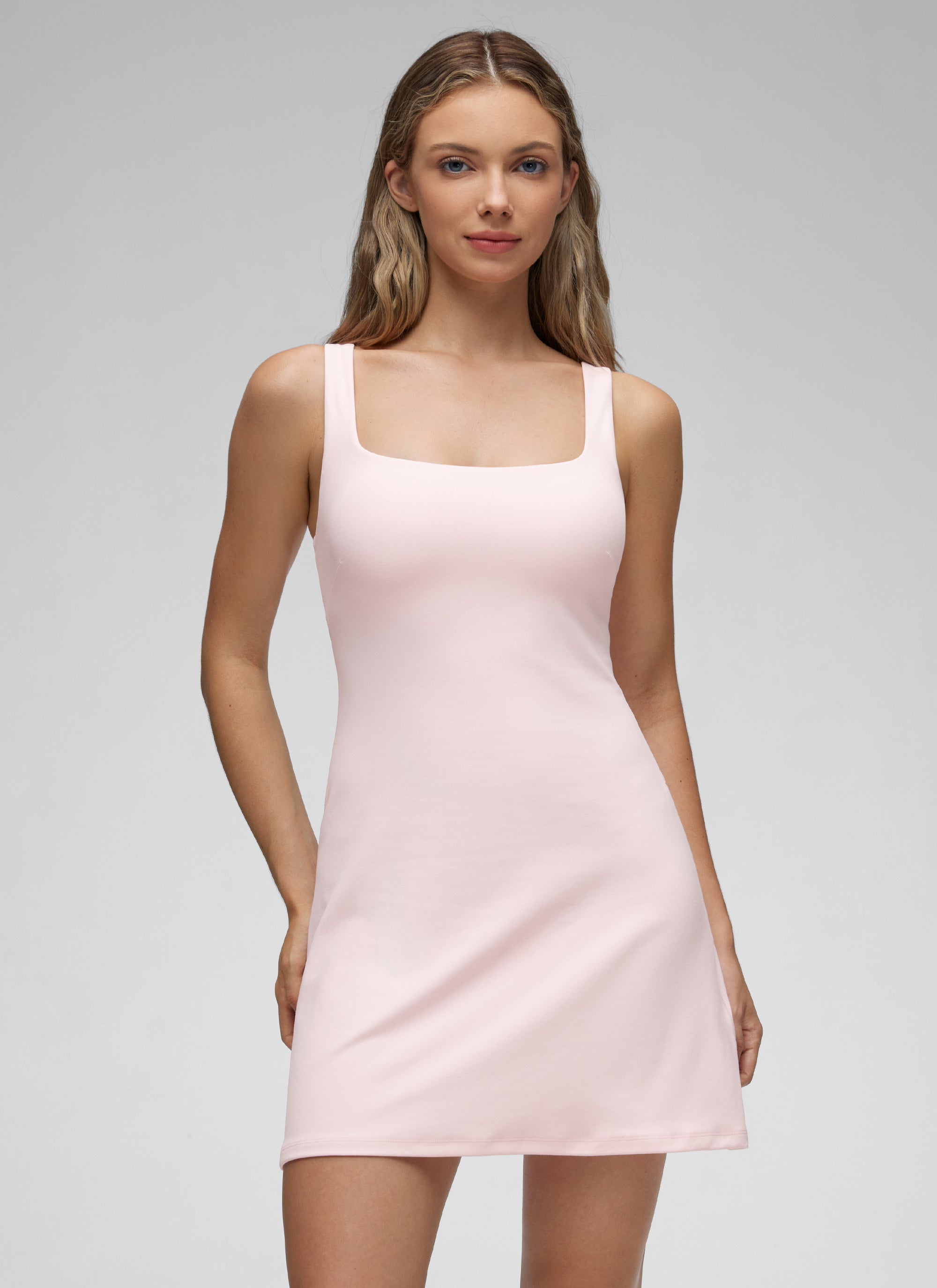 CRZ YOGA Women Butterluxe Square Neck Shelf Bra Tennis Dresses A line Strawberry Pink @model_info:Kate