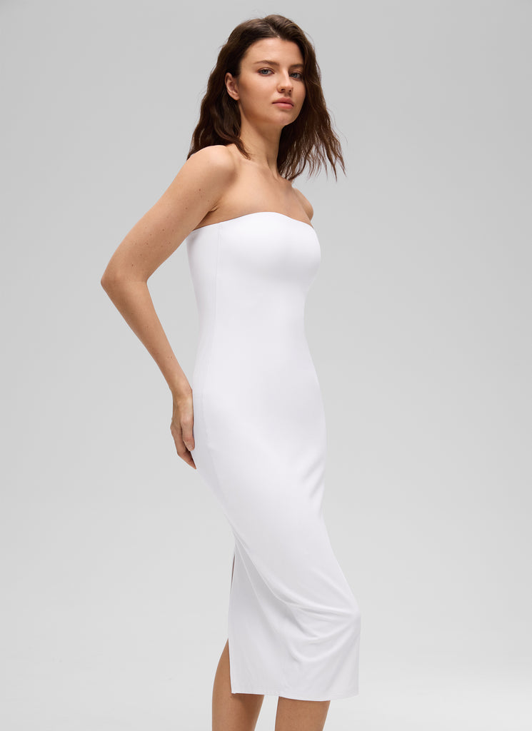 CRZ YOGA Women's Butterluxe Casual Strapless Built in Bra Midi Dress White