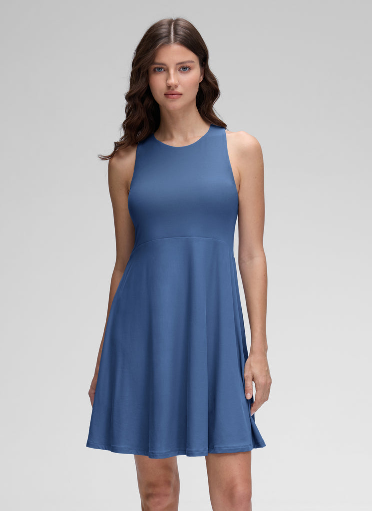 CRZ YOGA Women's Cloudweight Casual Crewneck Double Lined Mini Dress Silver Gray