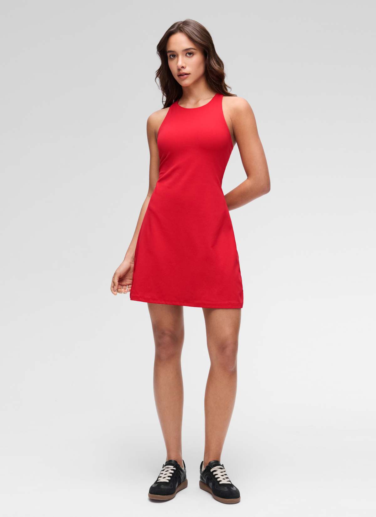 CRZ YOGA Women's Butterluxe Casual High Neck Racerback Mini Dress Aurora Red @model_info:Maria
