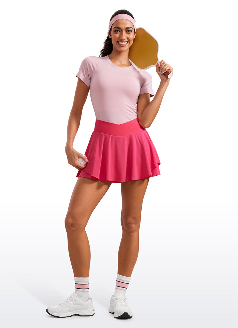 CRZ YOGA Women's Tennis Skrit V Crossover Ruffle Layered Skort 13'' Lip Gloss Pink