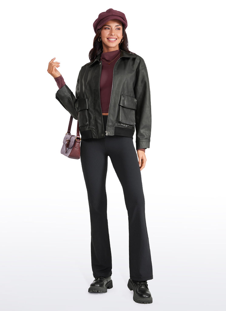 CRZ YOGA Womens Ribbed Pocket High Waist Bootcut  Flare Leggings 31" Black