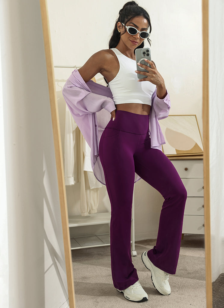 CRZ YOGA Women's Yoga Butterluxe High Waist Flare Wide Leg Side Pockets Leggings 31.5" Plum Magenta