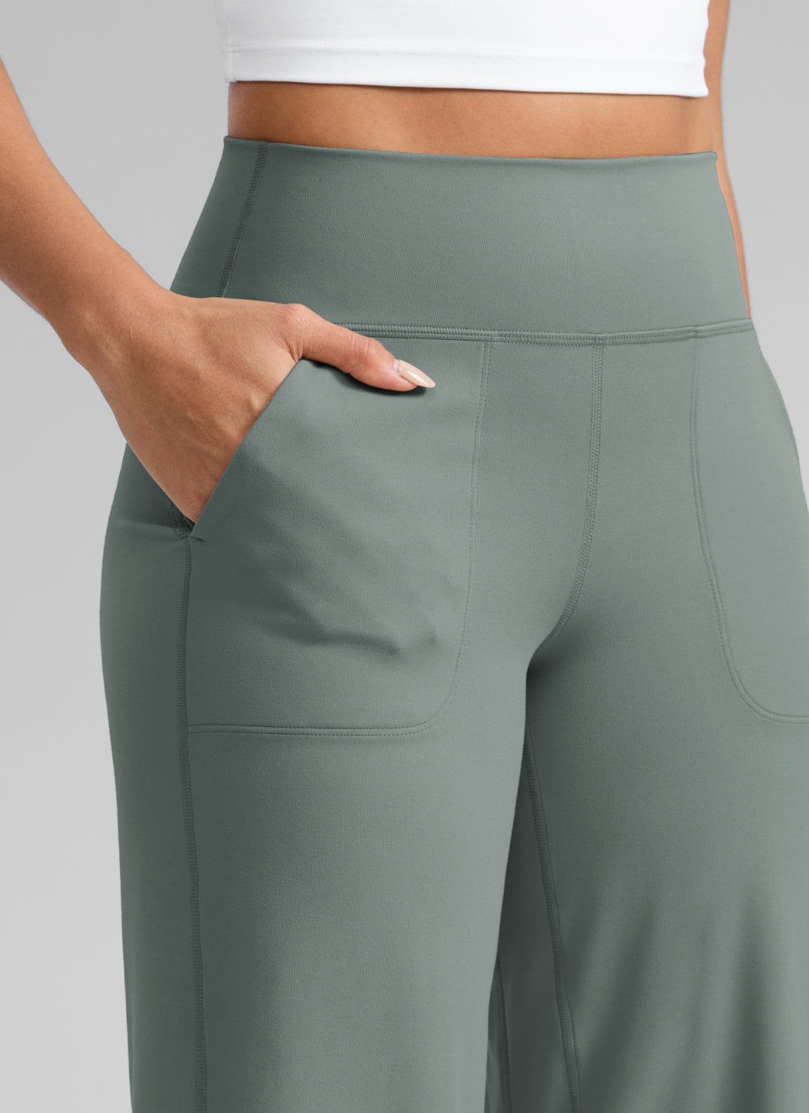 CRZ YOGA Women's Butterlift High Waisted Wide Leg Pants with Pockets Grey Sage @model_info:S3