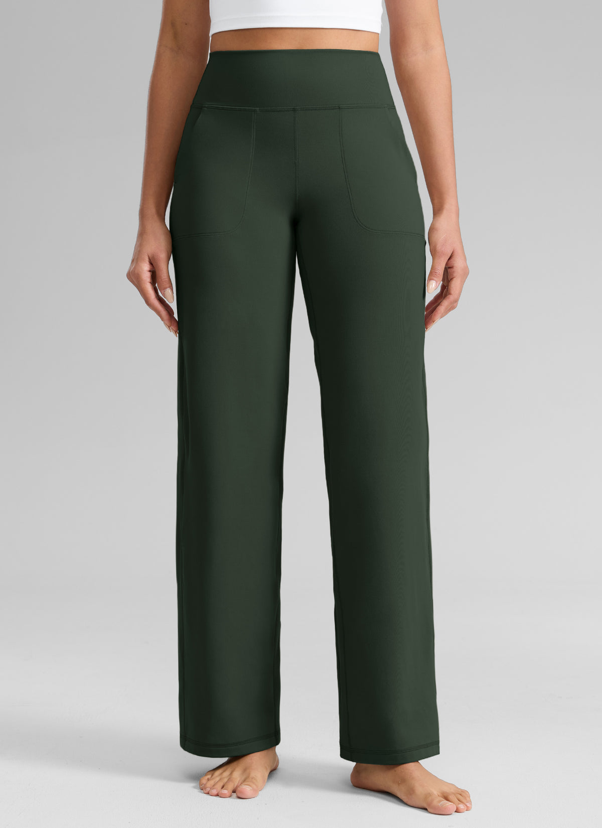 CRZ YOGA Women's Butterlift High Waisted Wide Leg Pants with Pockets Legend Green @model_info:Dany