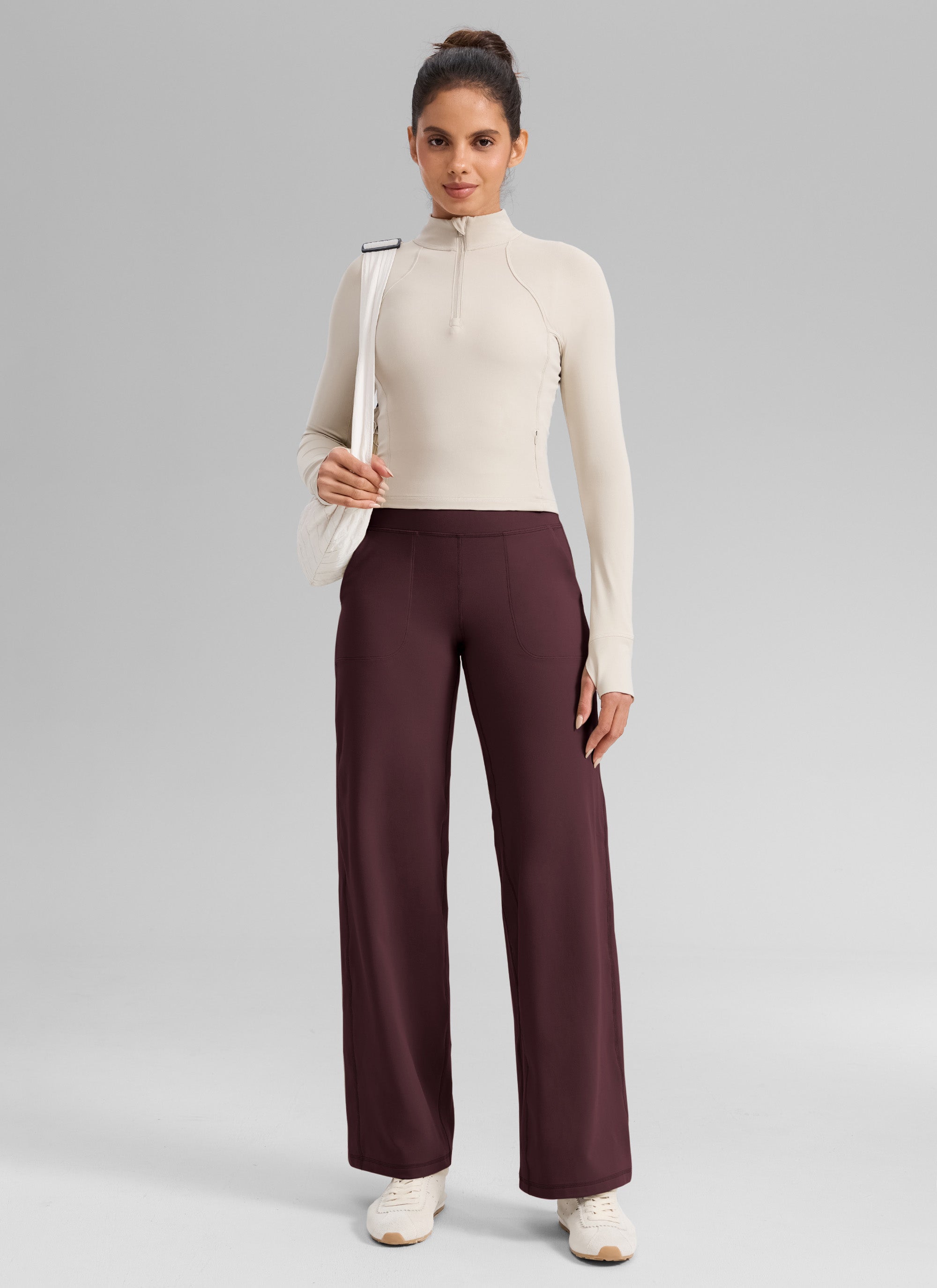 CRZ YOGA Women's Butterlift High Waisted Wide Leg Pants with Pockets Hot Fudge Brown