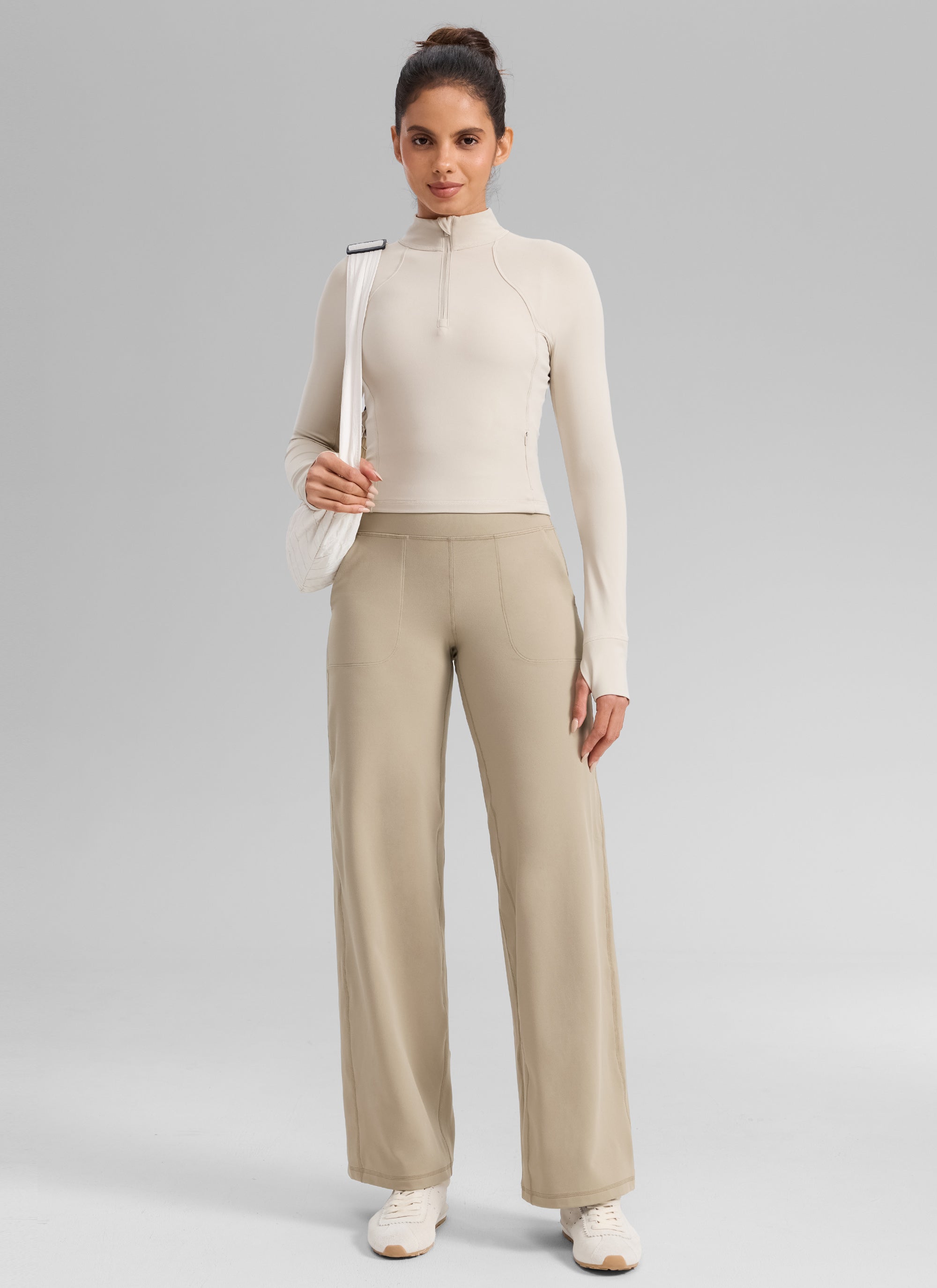 CRZ YOGA Women's Butterlift High Waisted Wide Leg Pants with Pockets Oak @model_info:Dany