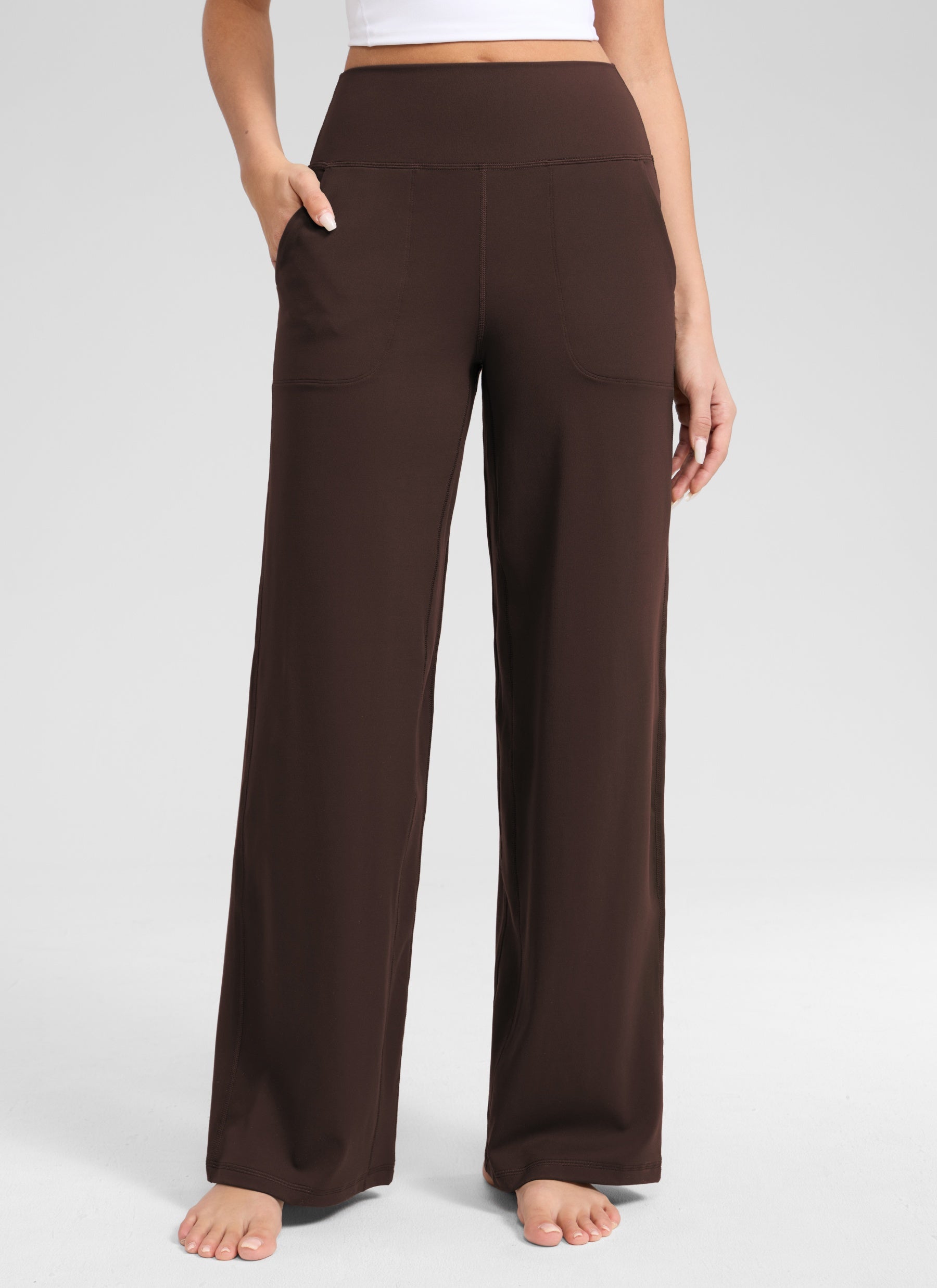 CRZ YOGA Women's Butterlift High Waisted Wide Leg Pants with Pockets Hot Fudge Brown @model_info:Anano
