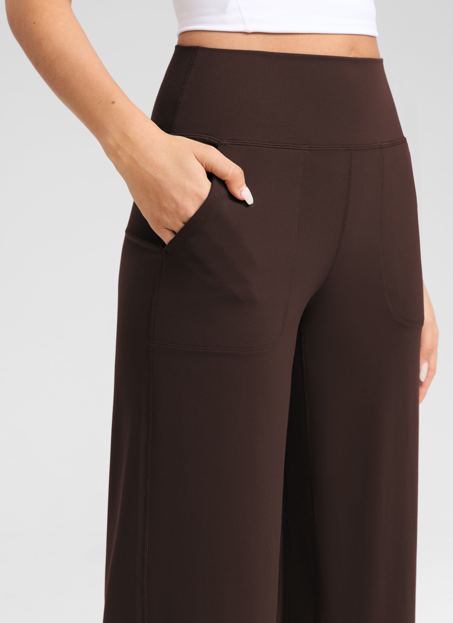 CRZ YOGA Women's Butterlift High Waisted Wide Leg Pants with Pockets Hot Fudge Brown @model_info:Anano
