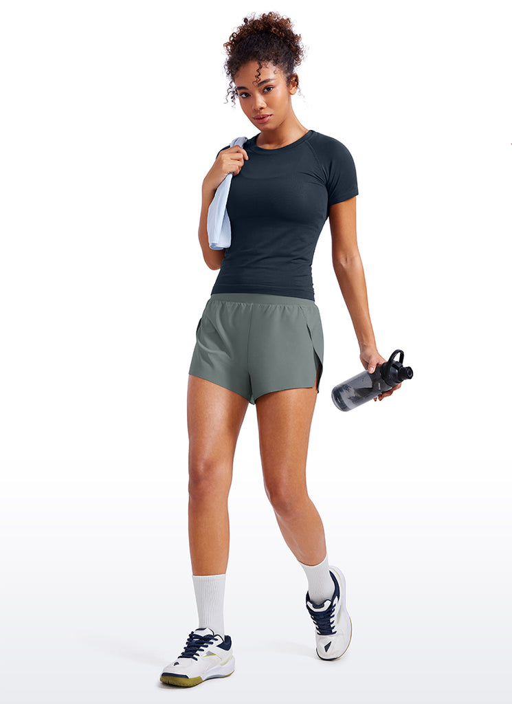 CRZ YOGA Women's Running Low Waisted V Split Mesh Lined Shorts 3'' Grey Sage