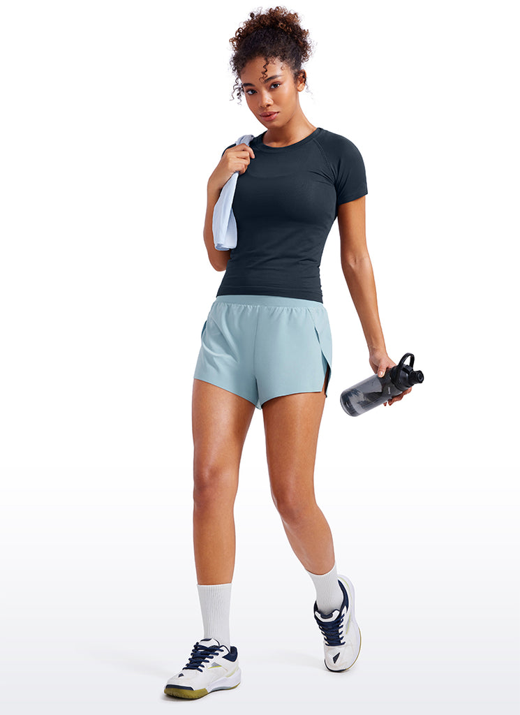 CRZ YOGA Women's Running Low Waisted V Split Mesh Lined Shorts 3'' Lip Gloss Pink