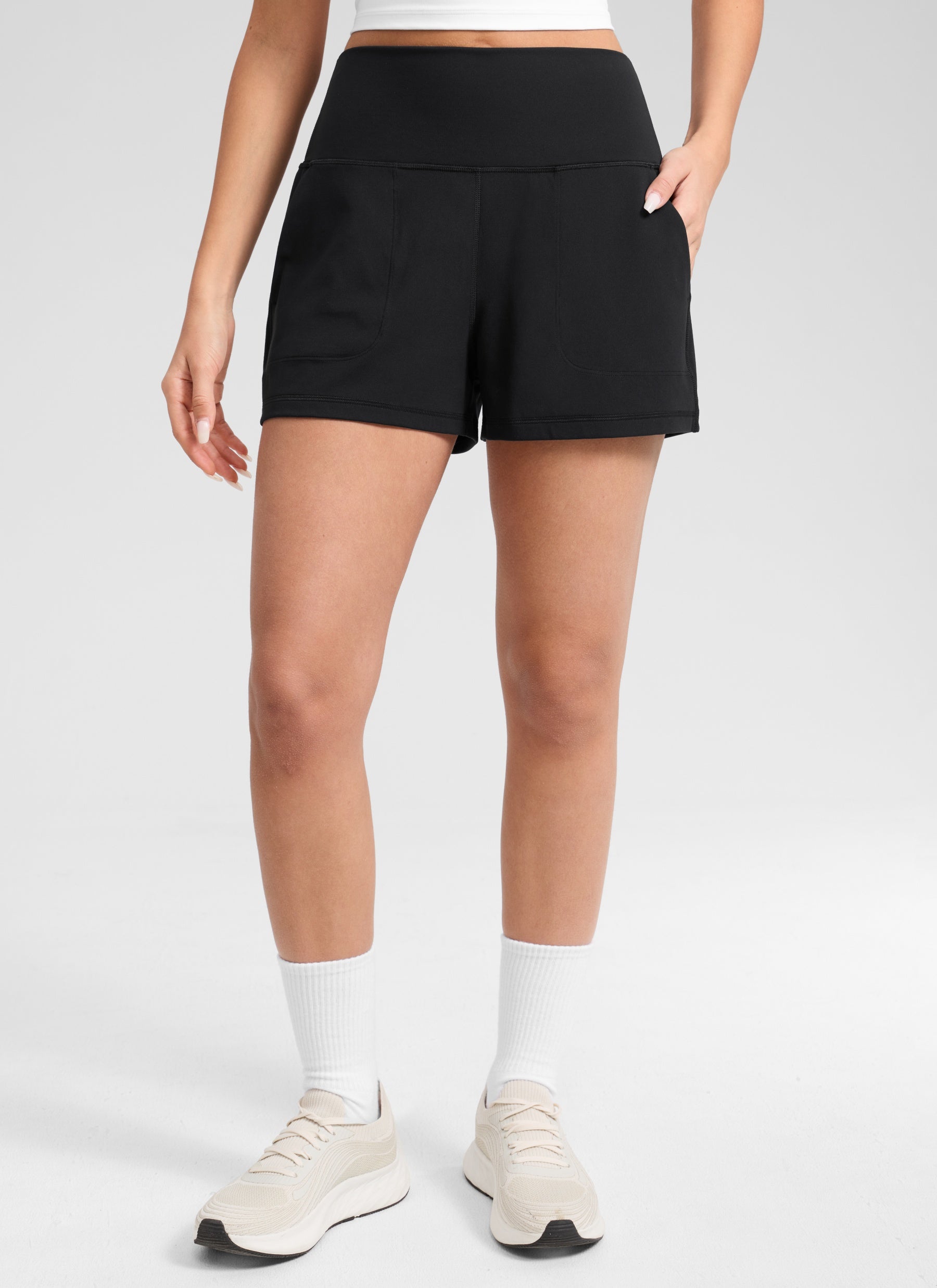CRZ YOGA Women Butterlift High Waisted Shorts with Pockets Linerless Black @model_info:Anano