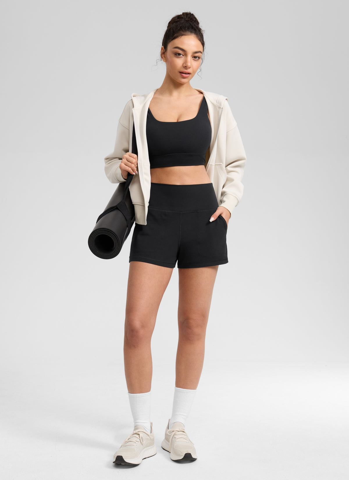 CRZ YOGA Women Butterlift High Waisted Shorts with Pockets Linerless Black @model_info:Anano