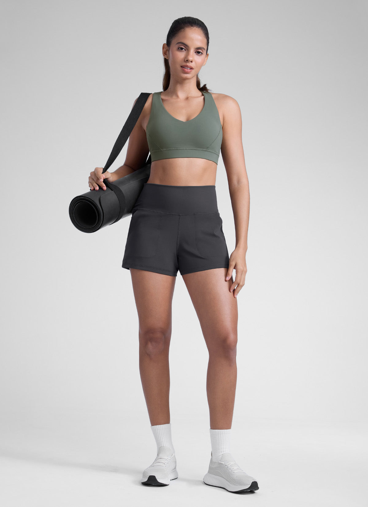 CRZ YOGA Women Butterlift High Waisted Shorts with Pockets Linerless Mysterious Grey @model_info:D