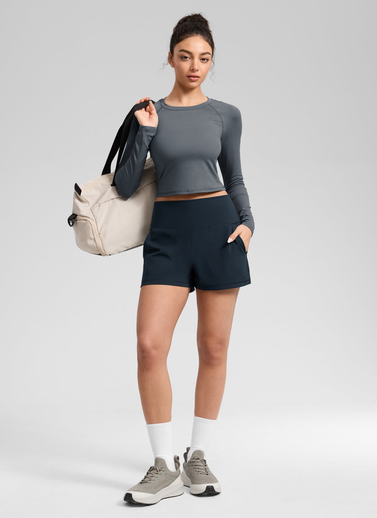 CRZ YOGA Women Butterlift High Waisted Shorts with Pockets Linerless True Navy @model_info:Anano