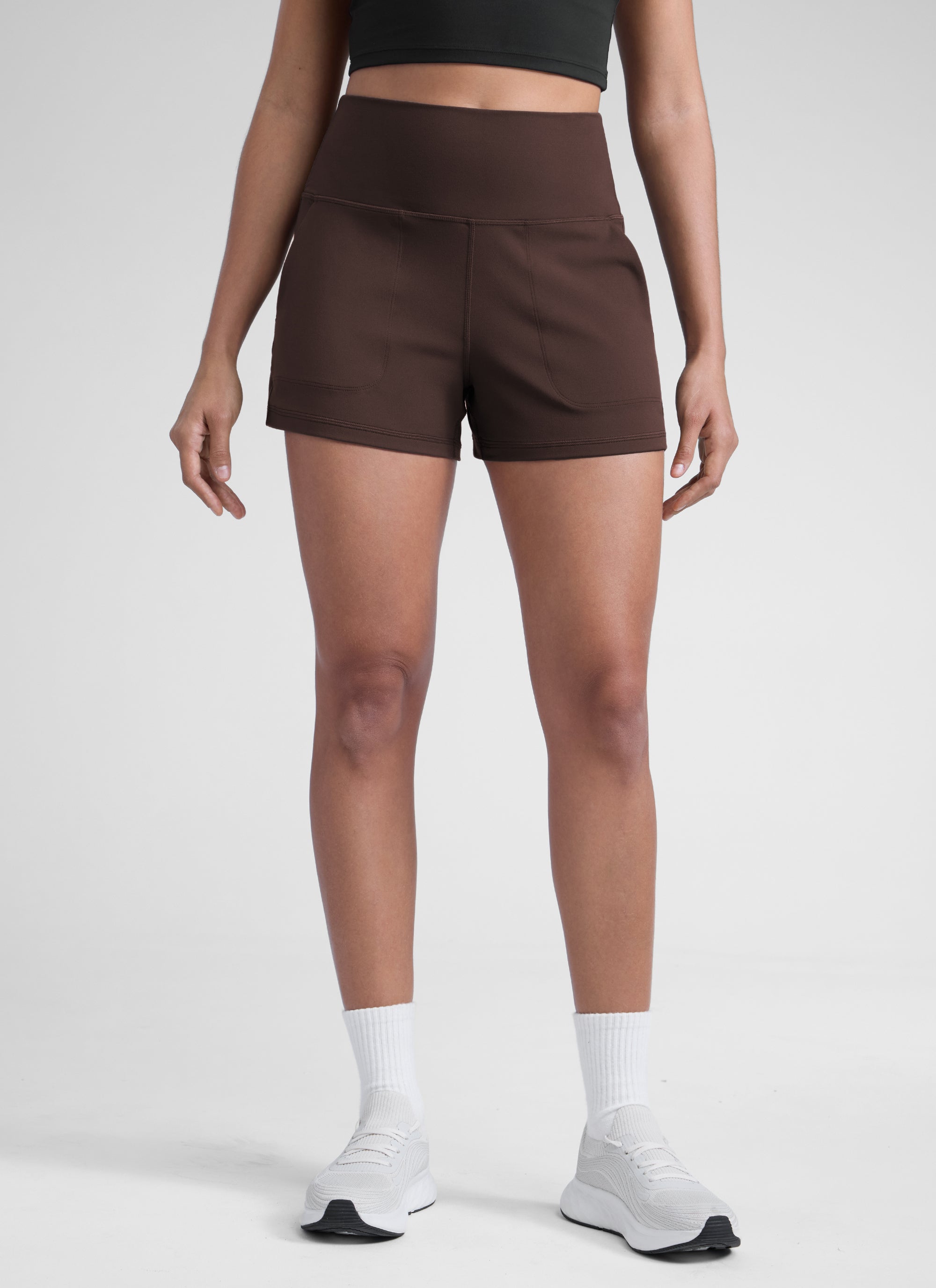 CRZ YOGA Women Butterlift High Waisted Shorts with Pockets Linerless Hot Fudge Brown @model_info:Dany