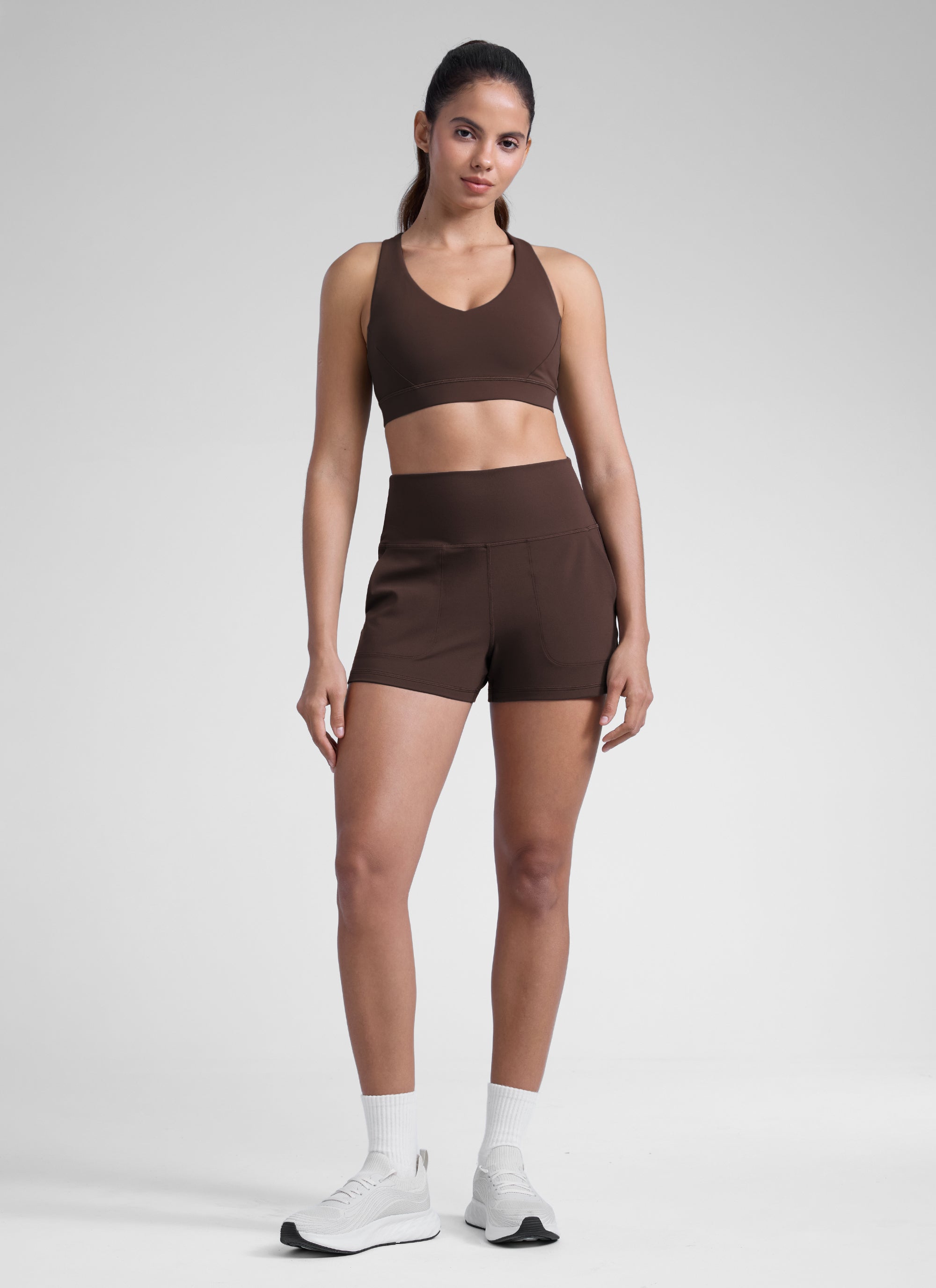 CRZ YOGA Women Butterlift High Waisted Shorts with Pockets Linerless Hot Fudge Brown @model_info:Dany