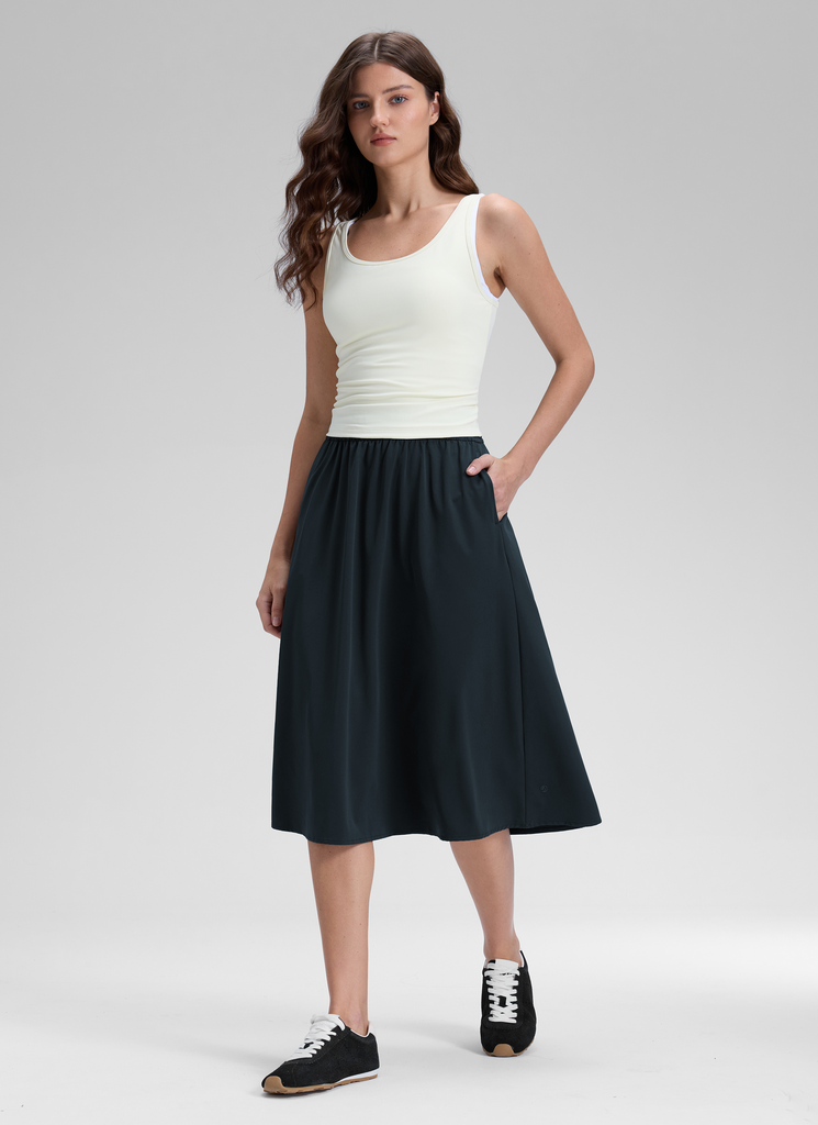 CRZ YOGA Women's Causal High Rise A line Flowy Midi Pocket Skirts 28'' True Navy