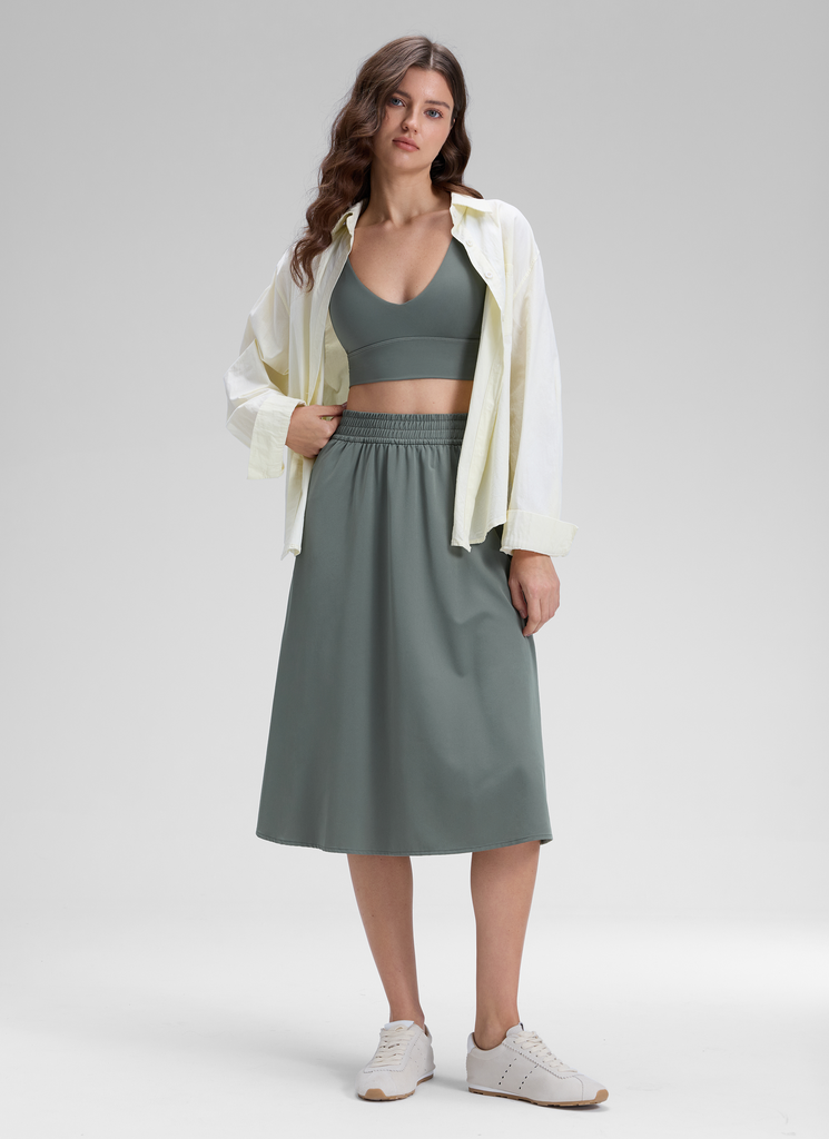 CRZ YOGA Women's Causal High Rise A line Flowy Midi Pocket Skirts 28'' Grey Sage