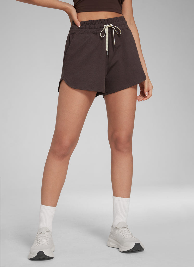 CRZ YOGA Women's Cloud Jersey High Rise Dolphin Casual Sweat Short 3'' Hot Fudge Brown