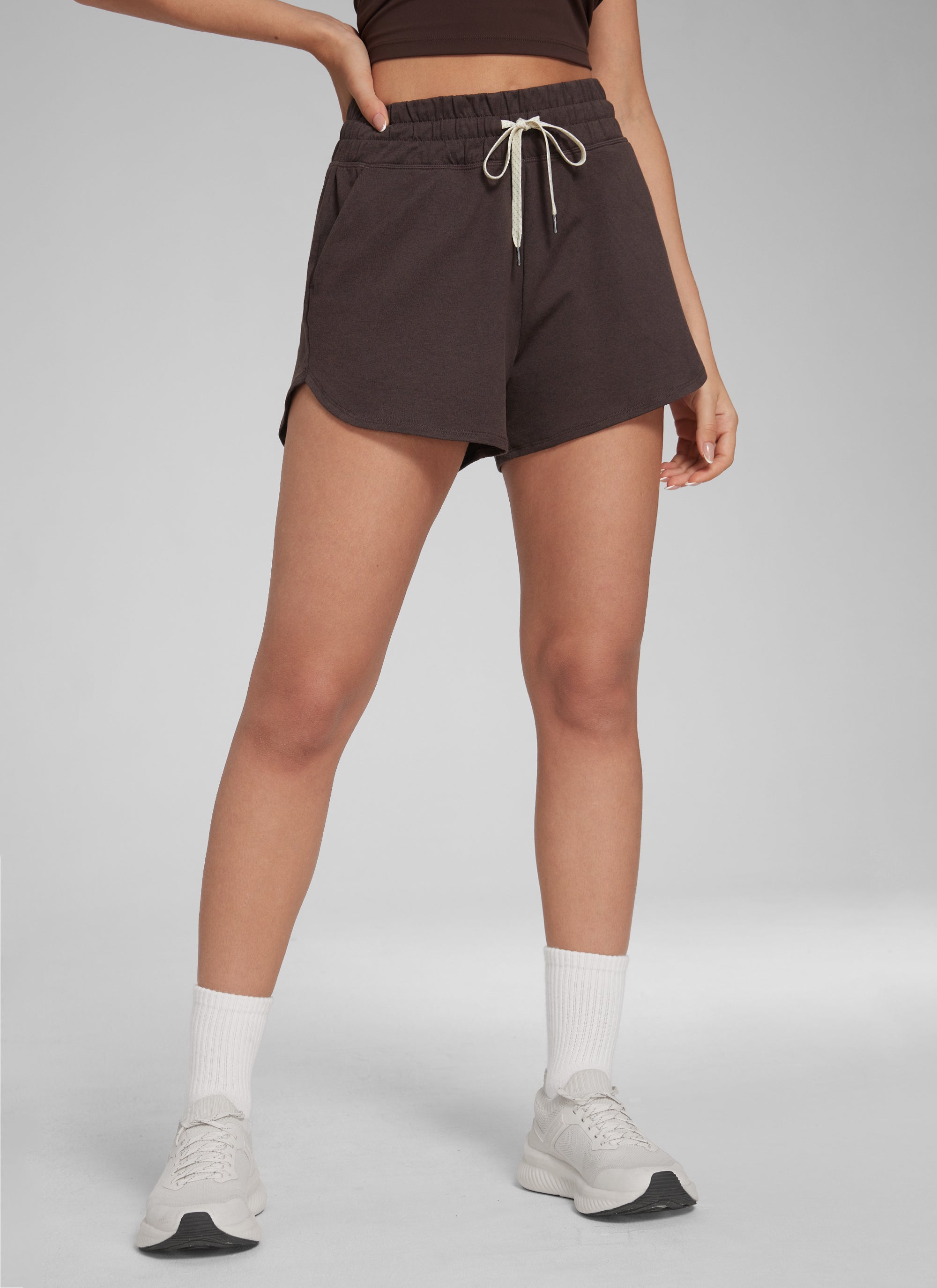CRZ YOGA Women's Cloud Jersey High Rise Dolphin Casual Sweat Short 3'' Hot Fudge Brown