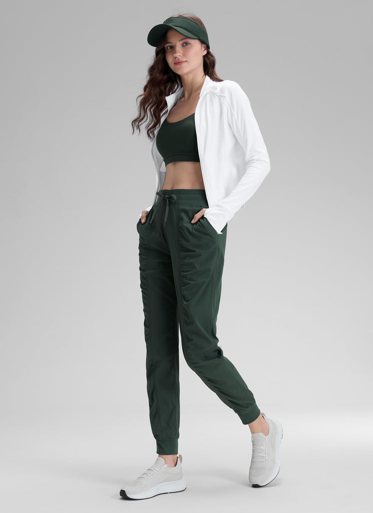 CRZ YOGA Women's Travel Classic Fit Striped Joggers 28'' Ruched Olive Green