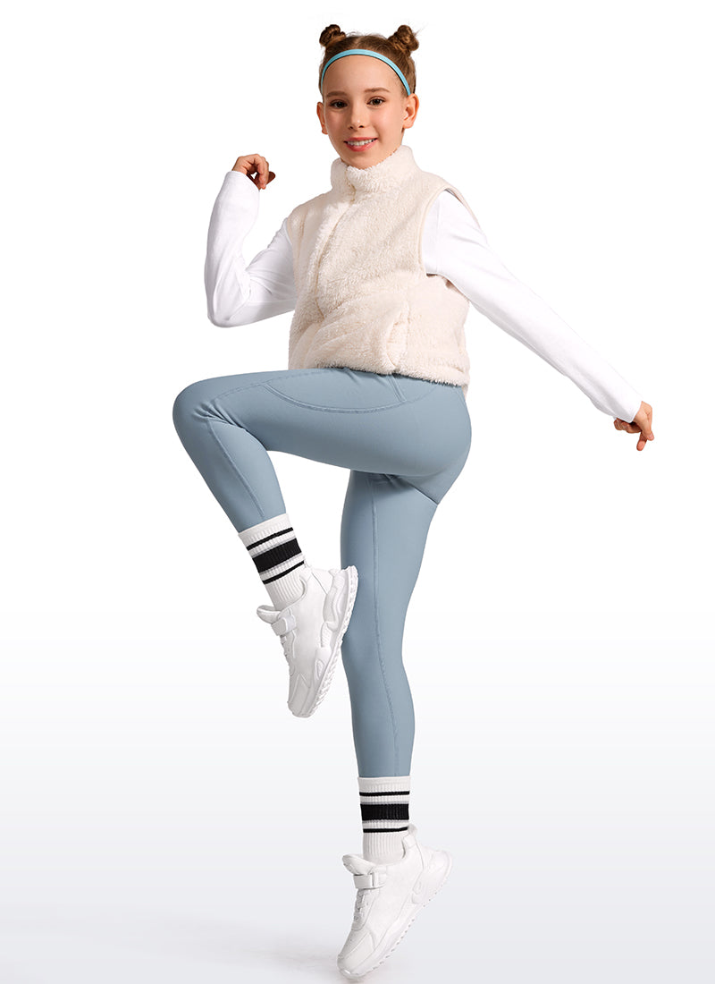 CRZ YOGA Girl's High Rise Thermal Fleece Lined Soft Pocket Leggings Cambric Blue