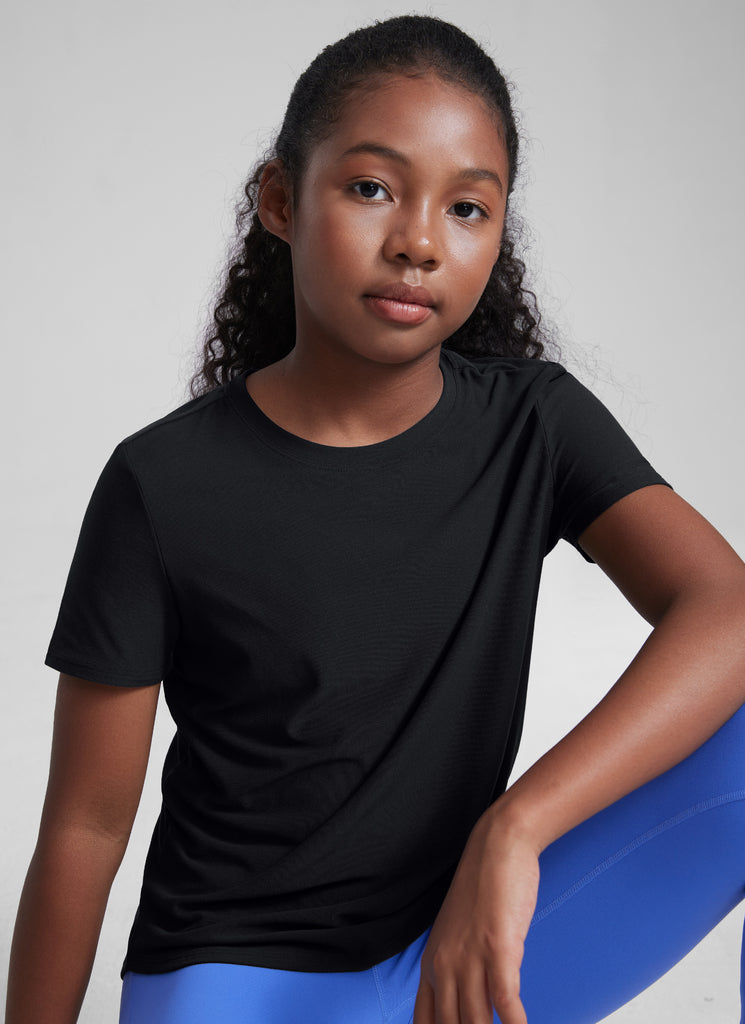 CRZ YOGA Girls Cloudweight Short Sleeve Quick Dry Round Neck T Shirts Black