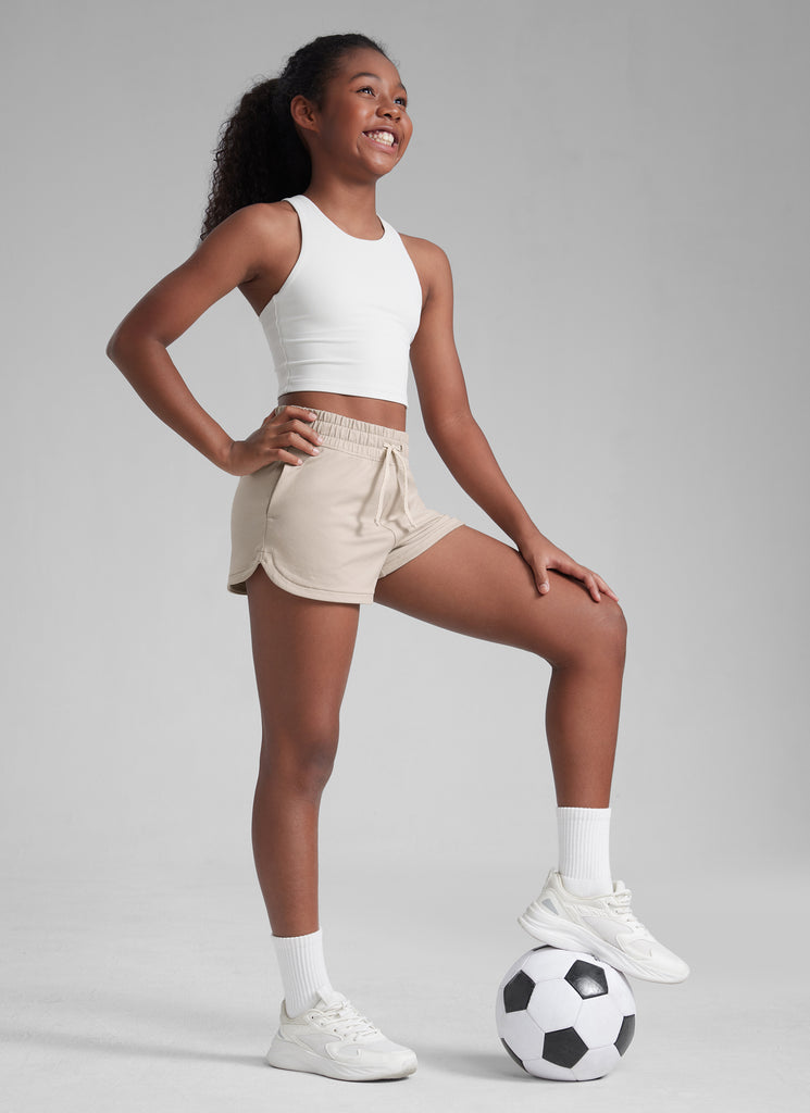 CRZ YOGA Girls Dolphin with Drawstring Pockets Sweat Shorts Milky White