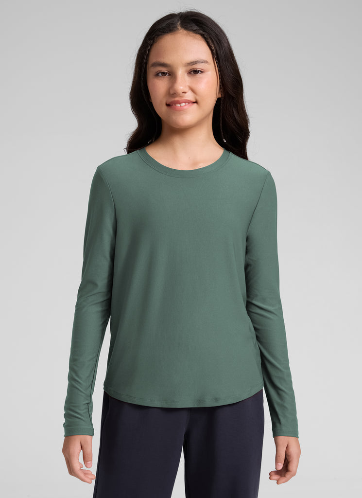 CRZ YOGA Girl's Cloudweight Casual Scoop Neck Hip Length Long Sleeves Graphite Green