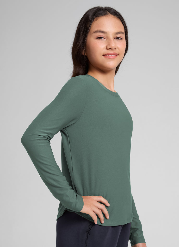 CRZ YOGA Girl's Cloudweight Casual Scoop Neck Hip Length Long Sleeves Graphite Green