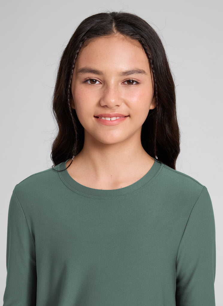CRZ YOGA Girl's Cloudweight Casual Scoop Neck Hip Length Long Sleeves Graphite Green