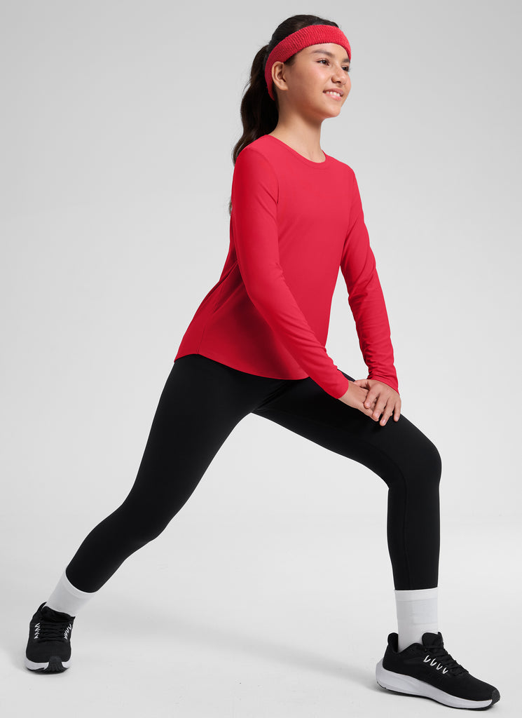 CRZ YOGA Girl's Cloudweight Casual Scoop Neck Hip Length Long Sleeves Aurora Red