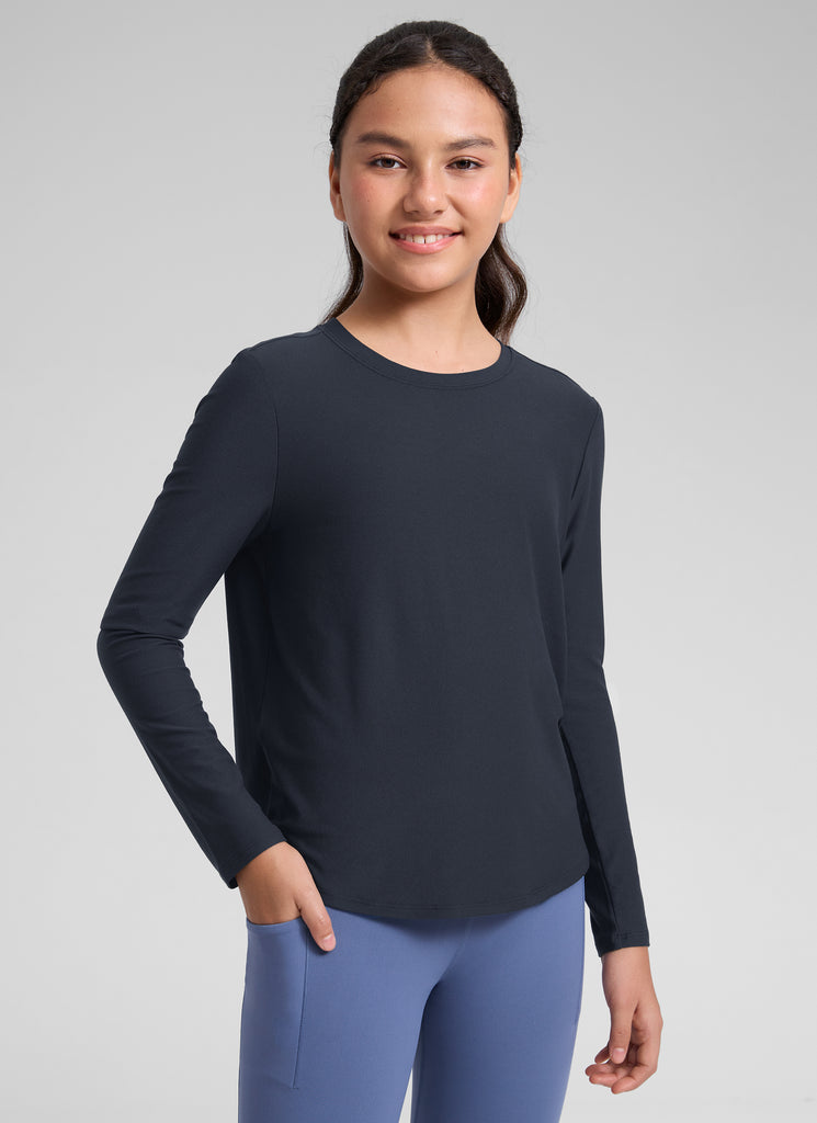 CRZ YOGA Girl's Cloudweight Casual Scoop Neck Hip Length Long Sleeves True Navy