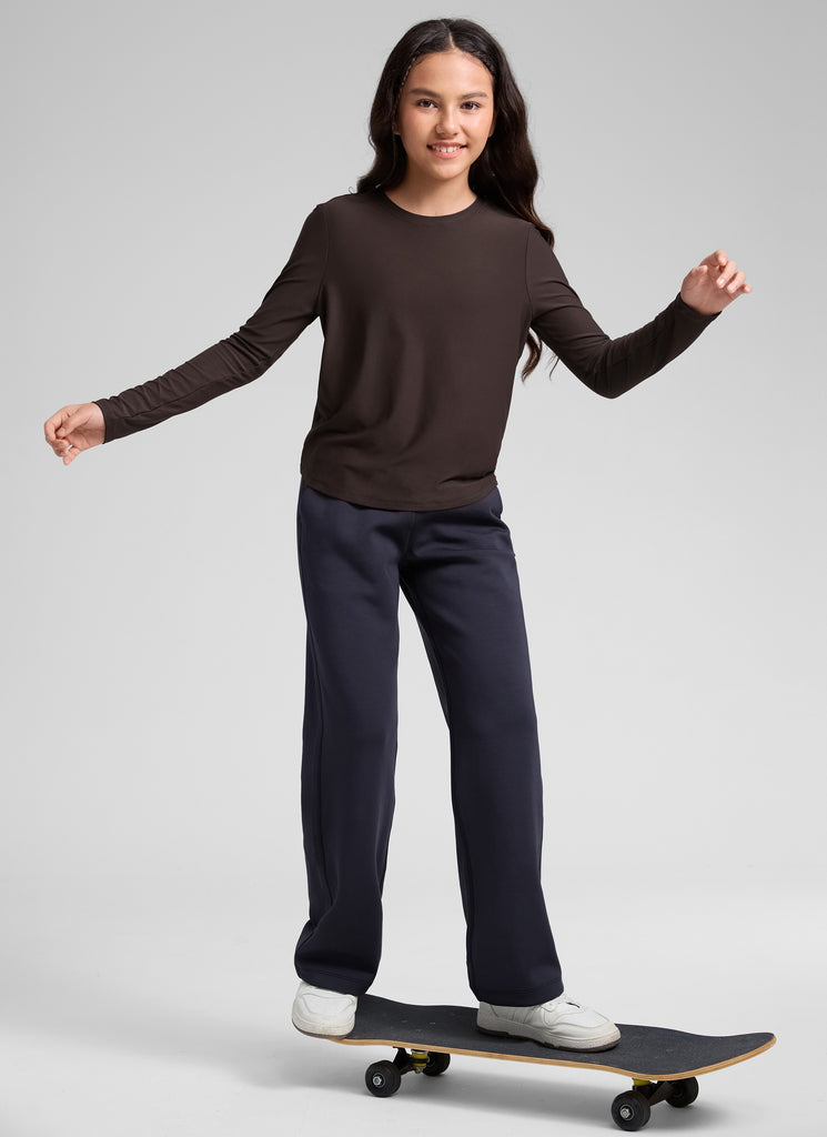 CRZ YOGA Girl's Cloudweight Casual Scoop Neck Hip Length Long Sleeves Hot Fudge Brown