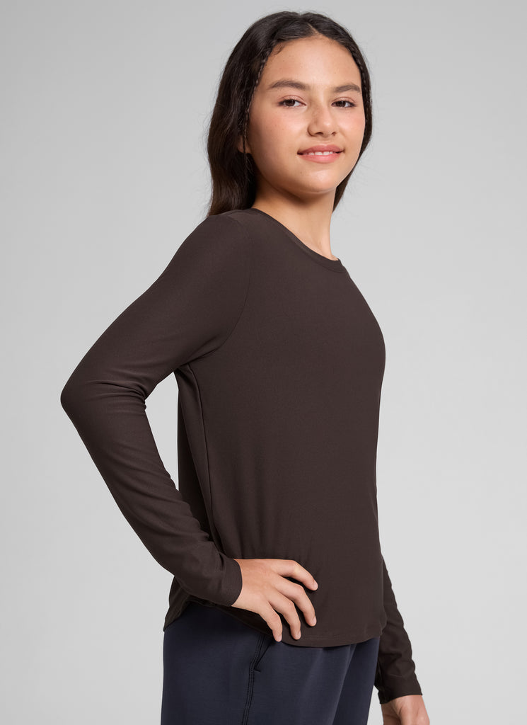 CRZ YOGA Girl's Cloudweight Casual Scoop Neck Hip Length Long Sleeves Hot Fudge Brown