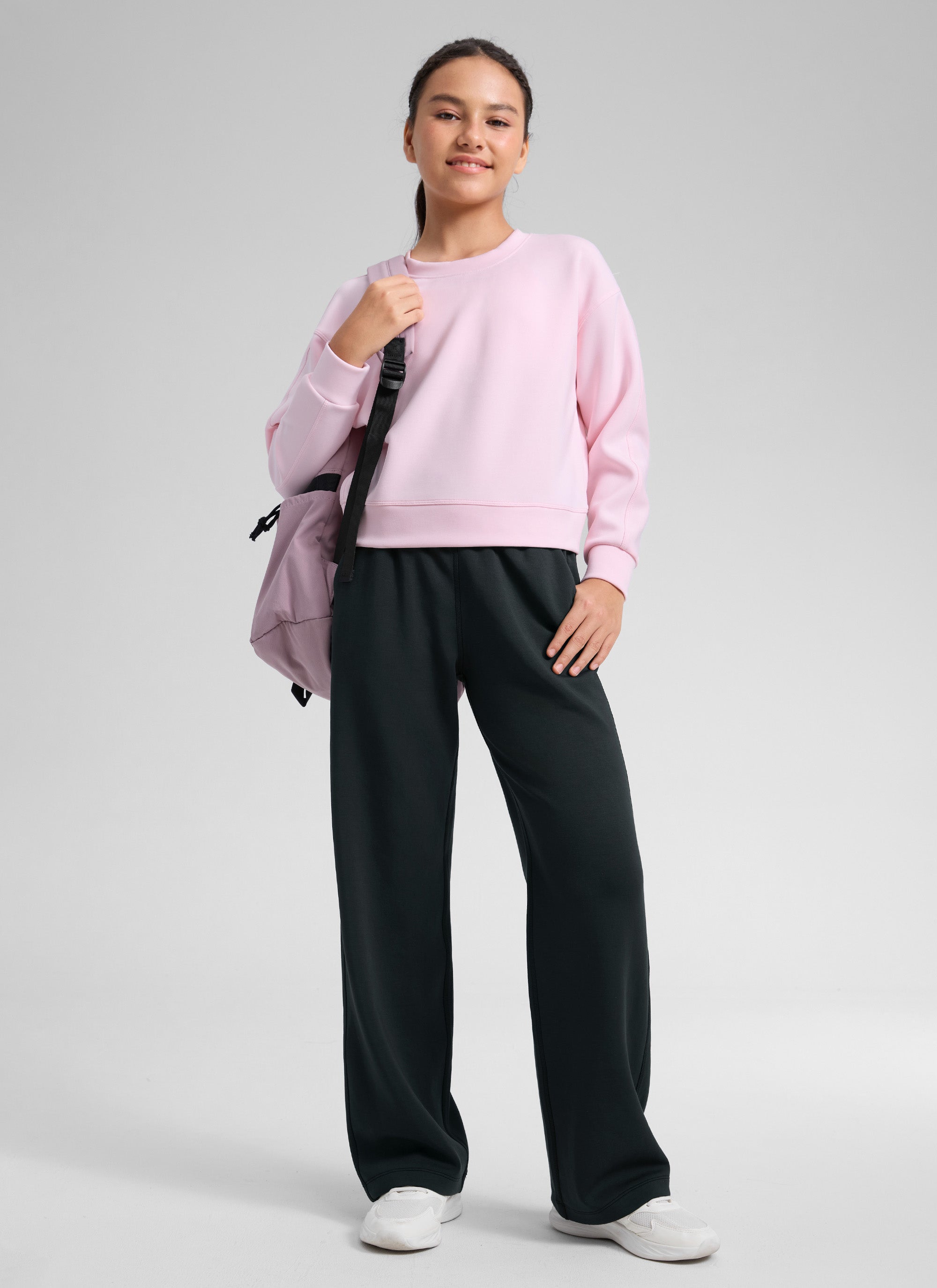 CRZ YOGA Girl's SoftAura High Rise Drastring Pocket Wide Leg sweatpant Black