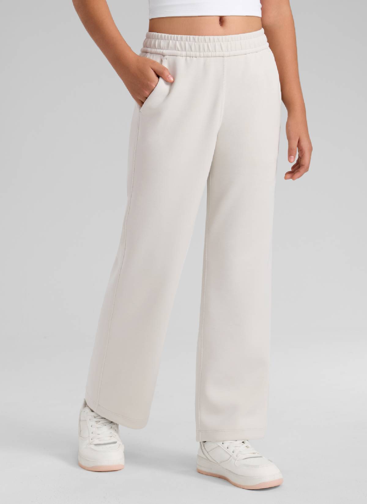 CRZ YOGA Girl's SoftAura High Rise Drastring Pocket Wide Leg sweatpant Milky White