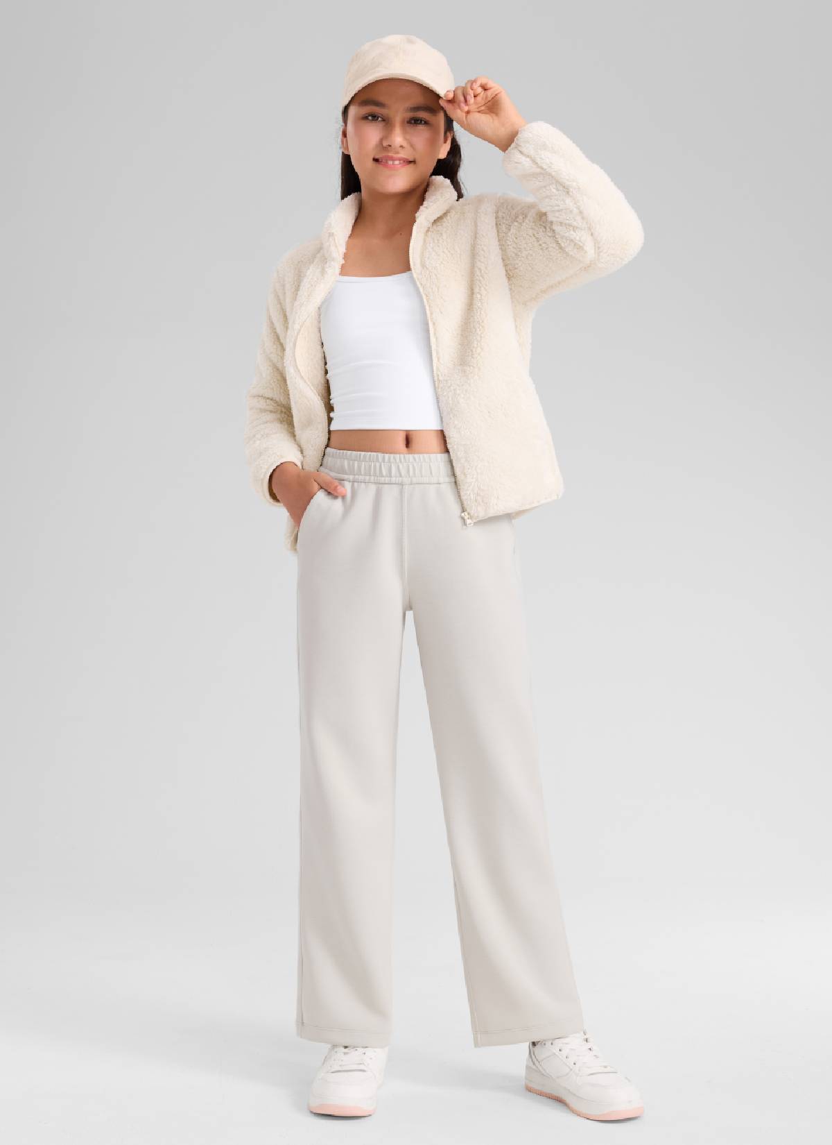 CRZ YOGA Girl's SoftAura High Rise Drastring Pocket Wide Leg sweatpant Milky White