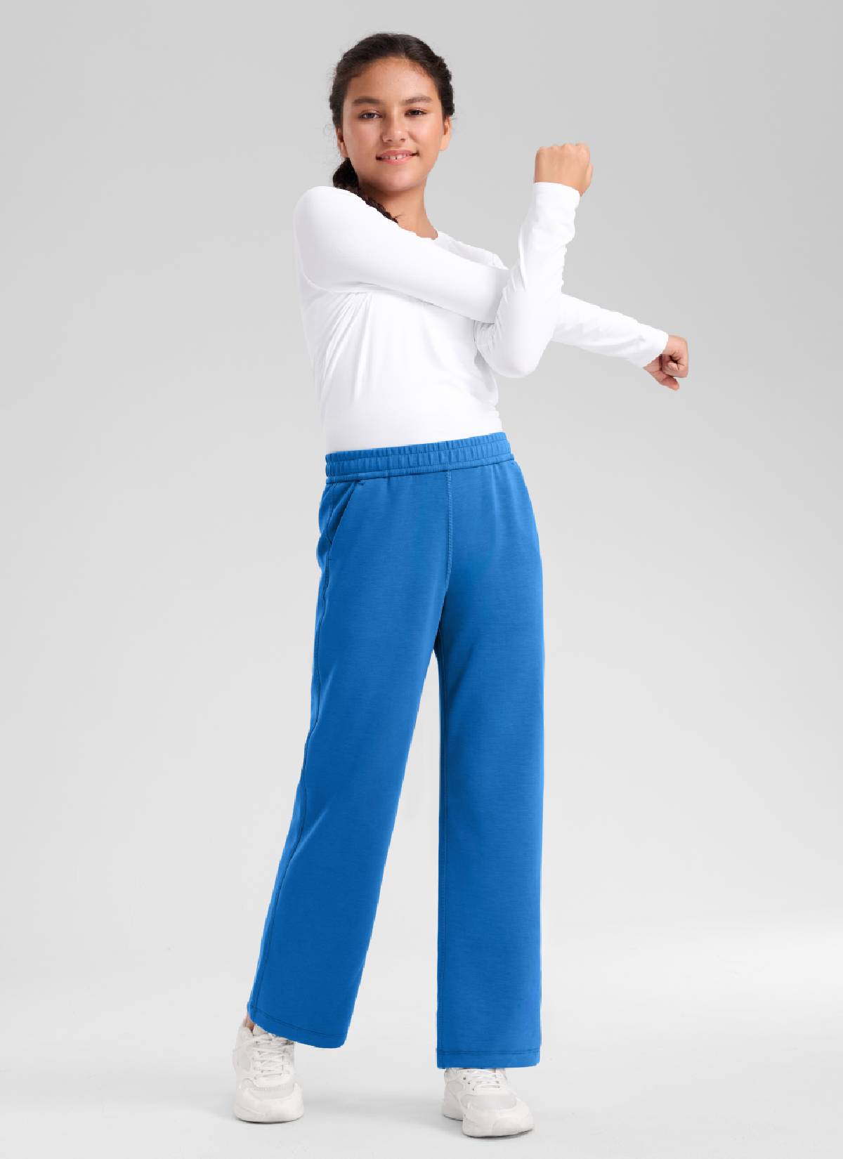 CRZ YOGA Girl's SoftAura High Rise Drastring Pocket Wide Leg sweatpant Sparkle Blue