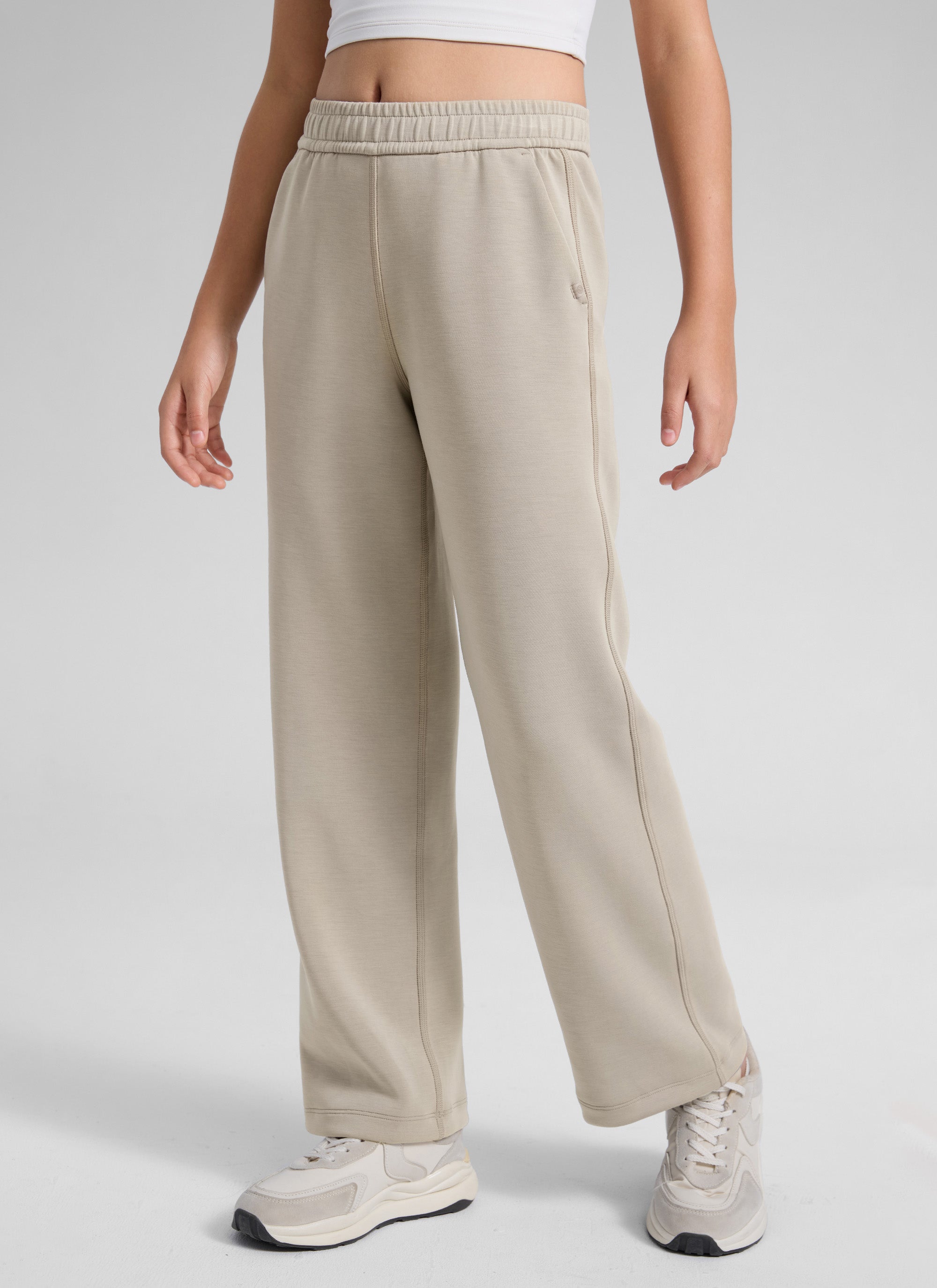 CRZ YOGA Girl's SoftAura High Rise Drastring Pocket Wide Leg sweatpant Stone