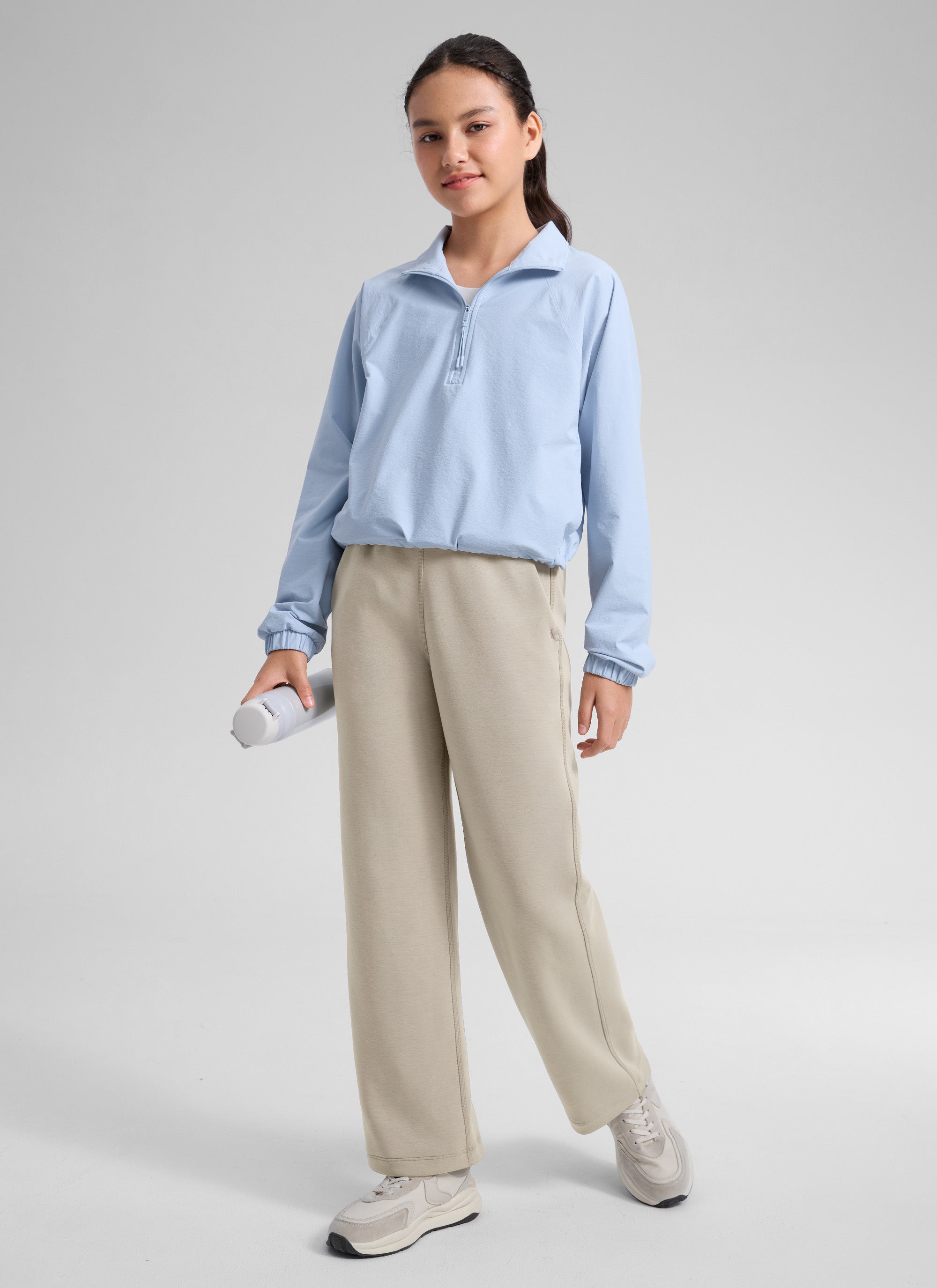 CRZ YOGA Girl's SoftAura High Rise Drastring Pocket Wide Leg sweatpant Stone