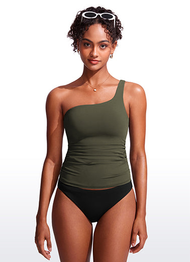 CRZ YOGA women's One Shoulder Tankini Ruched Adjustable Bathing Suits Dark Olive