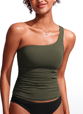 CRZ YOGA women's One Shoulder Tankini Ruched Adjustable Bathing Suits Dark Olive