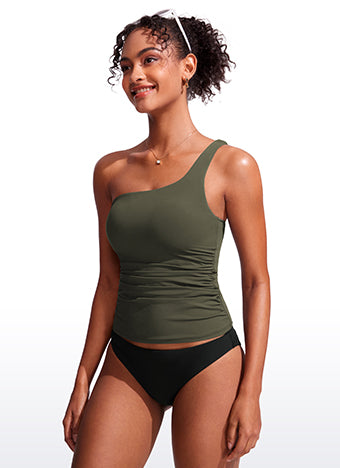 CRZ YOGA women's One Shoulder Tankini Ruched Adjustable Bathing Suits Dark Olive